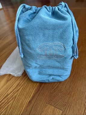 CHANEL Blue Drawstring Pouch with Stitched CC